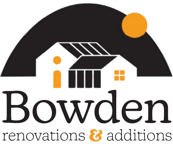 Bowden Renovations & Additions logo depicting two buildings and a sun against a dark background.