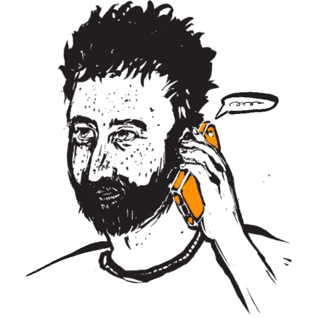 A drawing of Isaac Bowden, owner of Bowden Renovations & Additions, talking to a client on the phone.